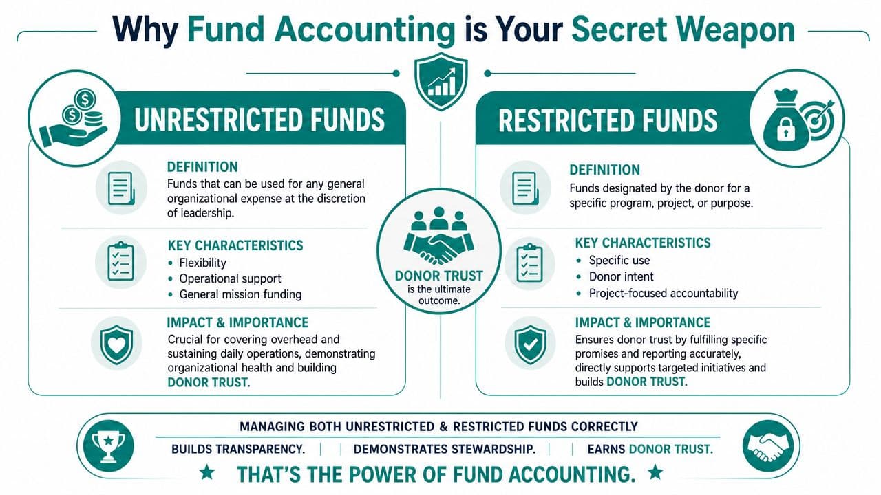 An infographic explaining the differences between unrestricted and restricted funds in nonprofit fund accounting practices.