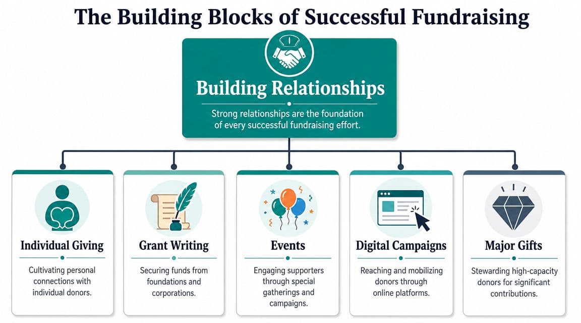 A diagram illustrating the building blocks of successful fundraising, centered on building relationships with donors.