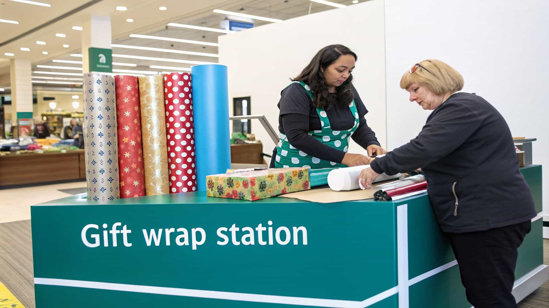 Two volunteers at a gift wrap station with colorful festive paper for a Christmas fundraiser
