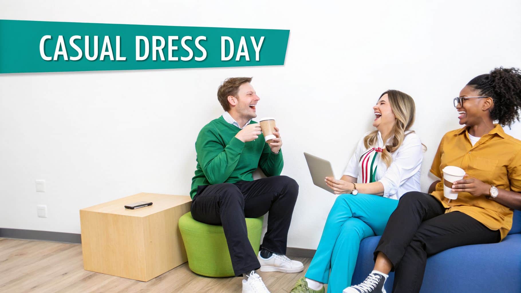 Three diverse colleagues laugh and chat during a casual dress day at work.