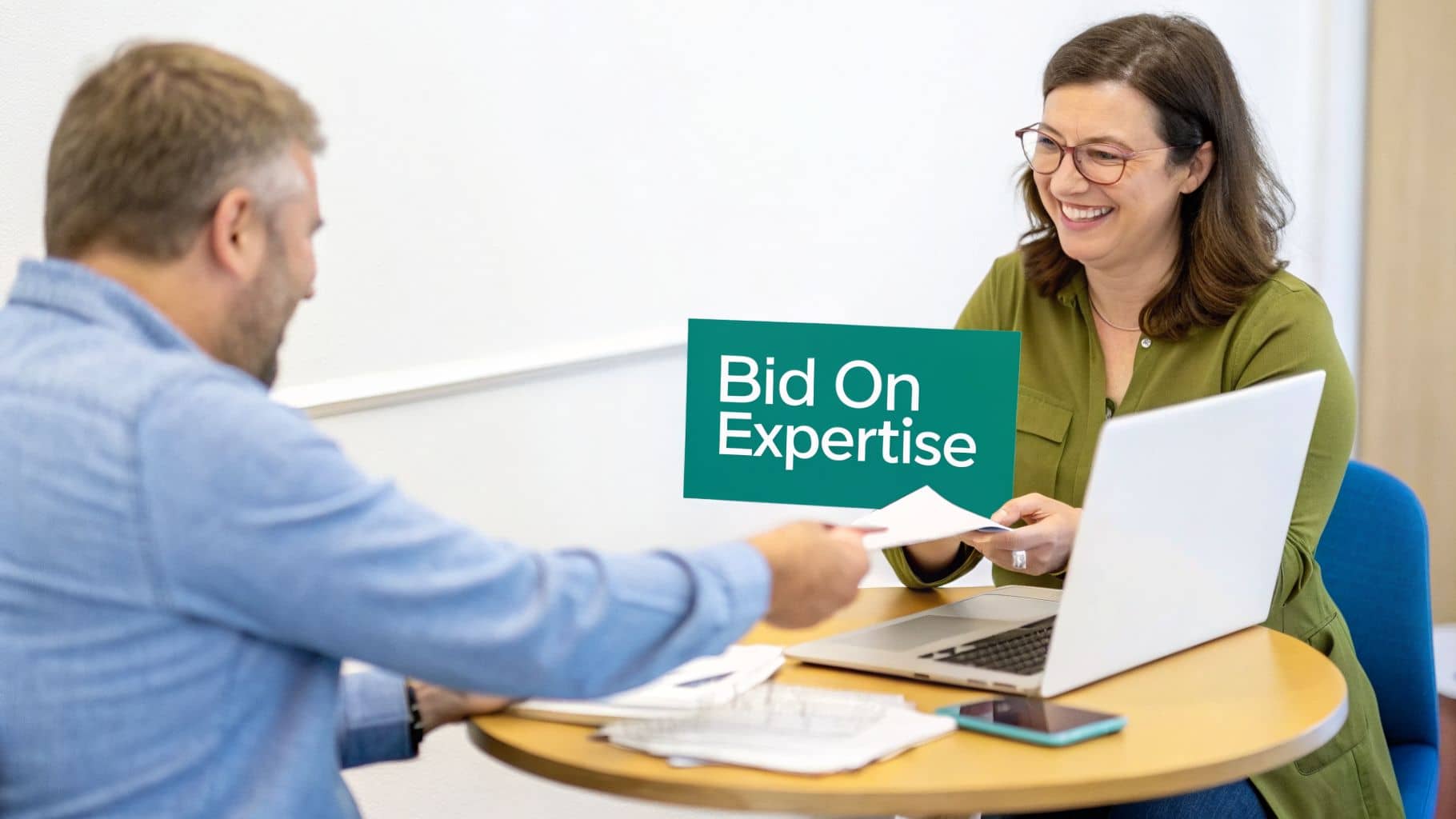 Smiling woman hands documents to a man across a table