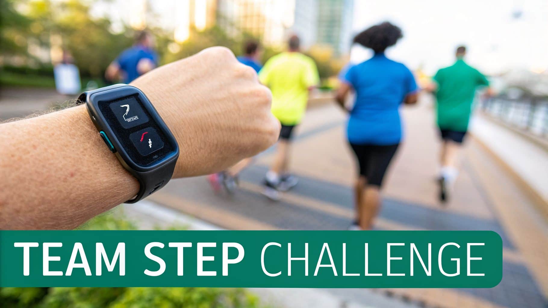 Smartwatch on a runner's wrist tracks steps during a Team Step Challenge with blurred runners.
