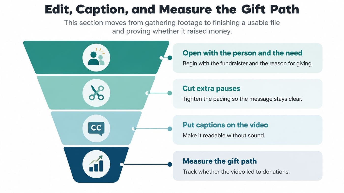 Funnel showing how to edit, caption, and measure a fundraising campaign video