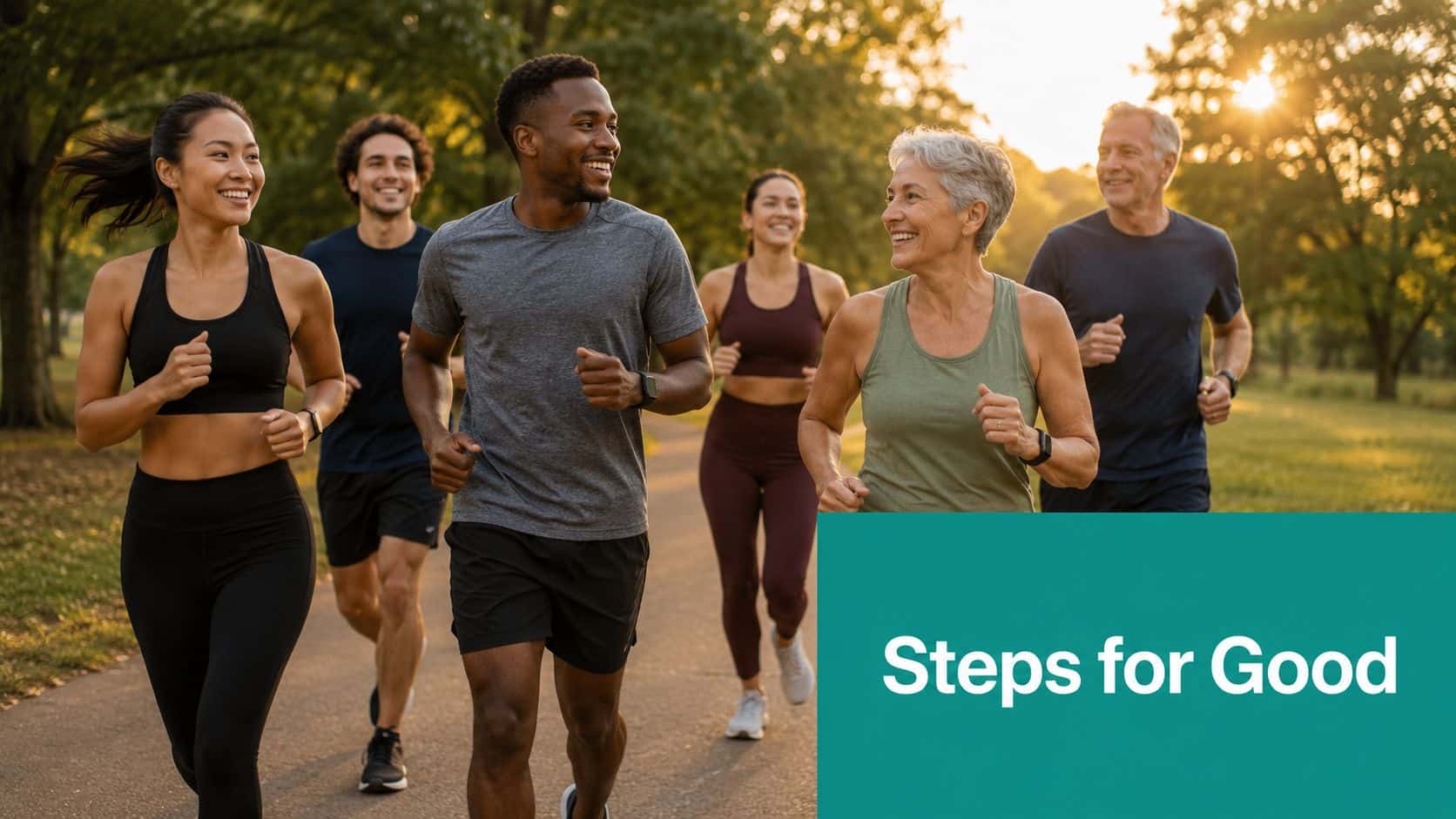 A diverse group of five people running together on a sunny outdoor path for exercise.