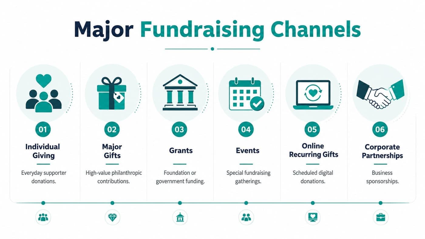 Major nonprofit fundraising channels for charitable giving campaigns