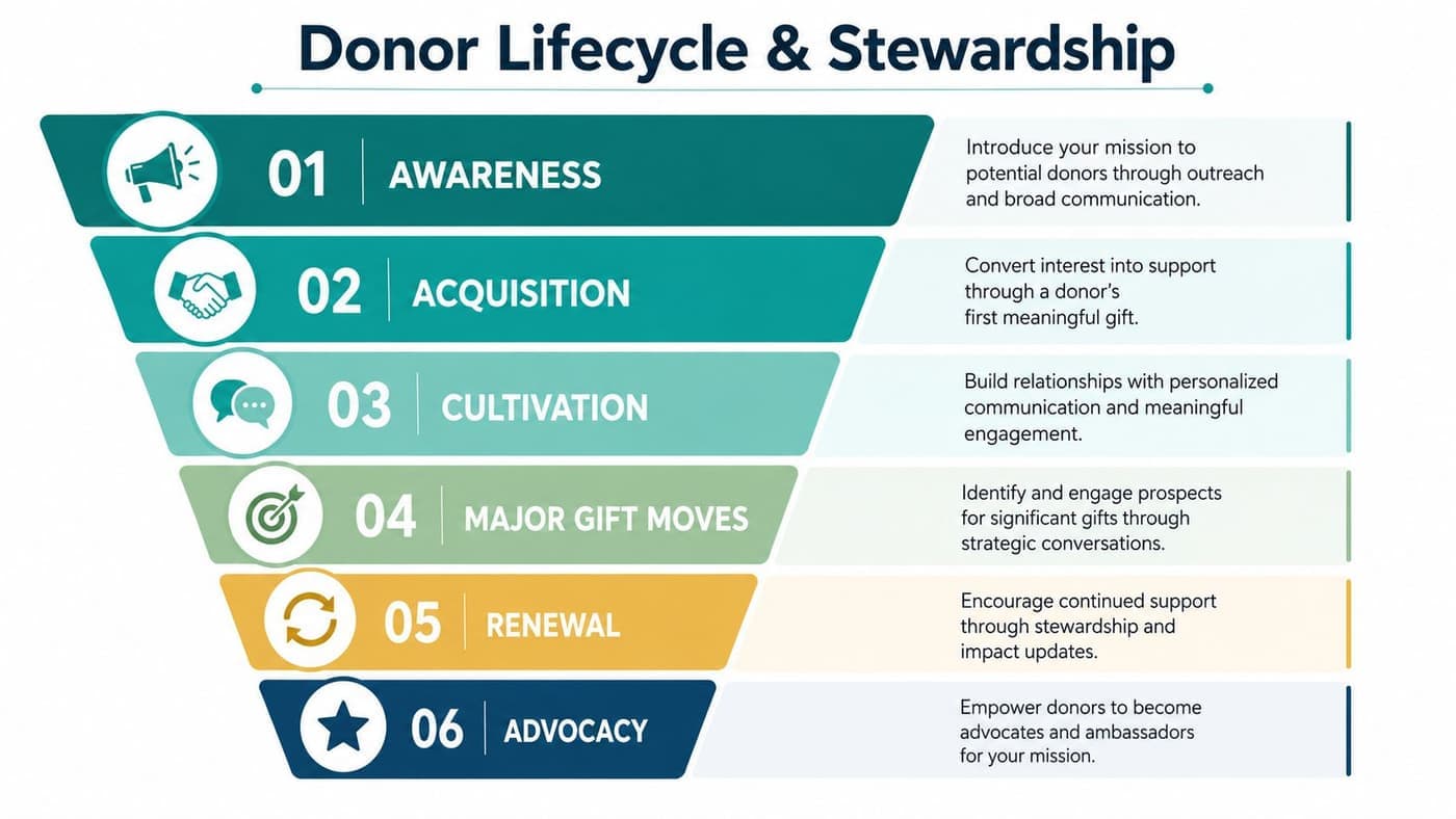 Donor lifecycle funnel for nonprofit stewardship and retention