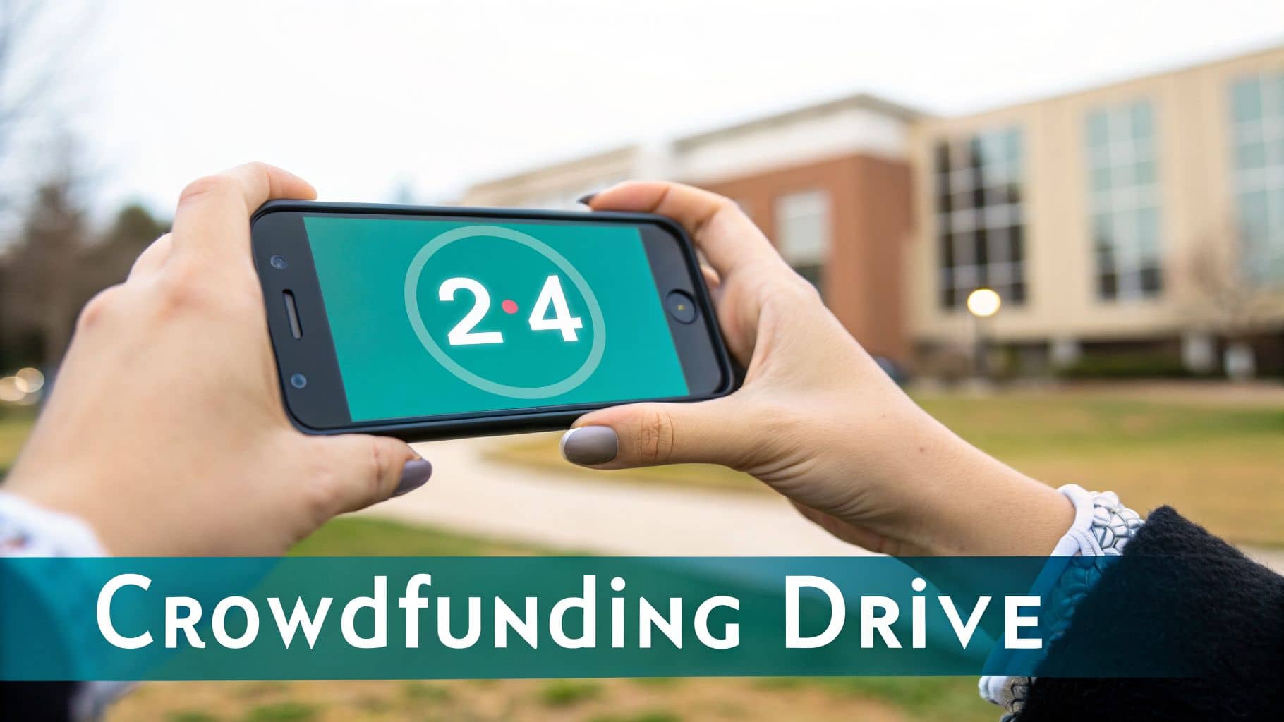 Hands holding a smartphone displaying '2.4' on a teal screen
