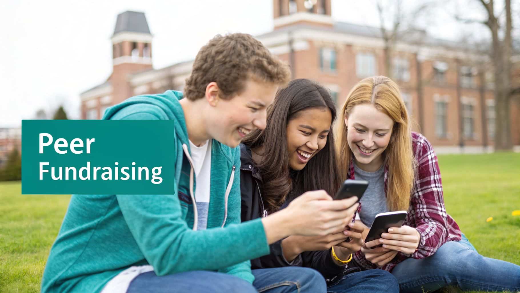 Three diverse college students on a campus lawn, smiling while looking at their smartphones.
