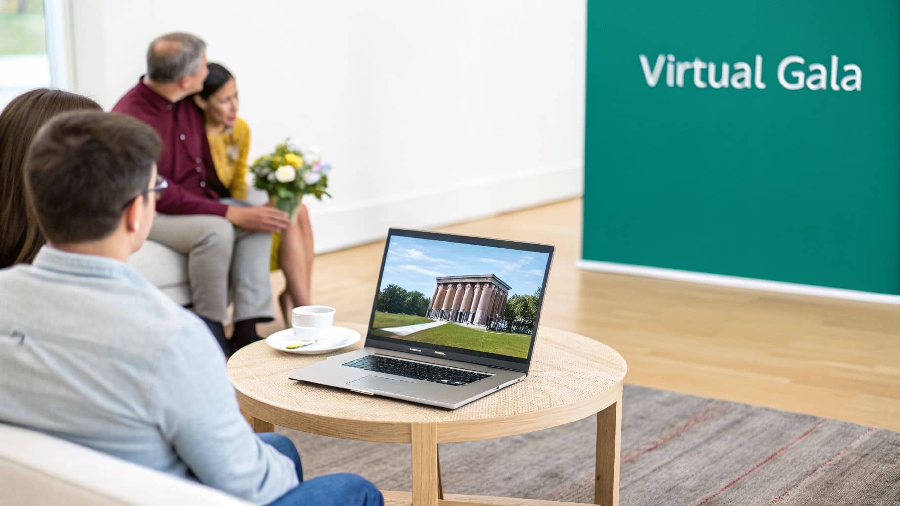Two couples attending a virtual gala event together, watching a presentation on a laptop.