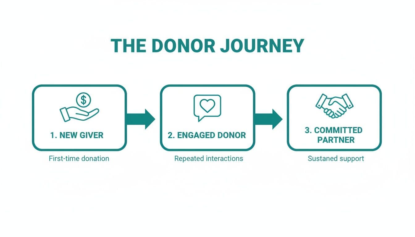 A donor journey infographic shows three stages: New Giver, Engaged Donor, and Committed Partner.