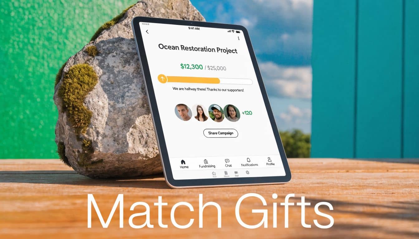 Digital tablet displaying an ocean restoration fundraising campaign page resting on a wooden outdoor surface.