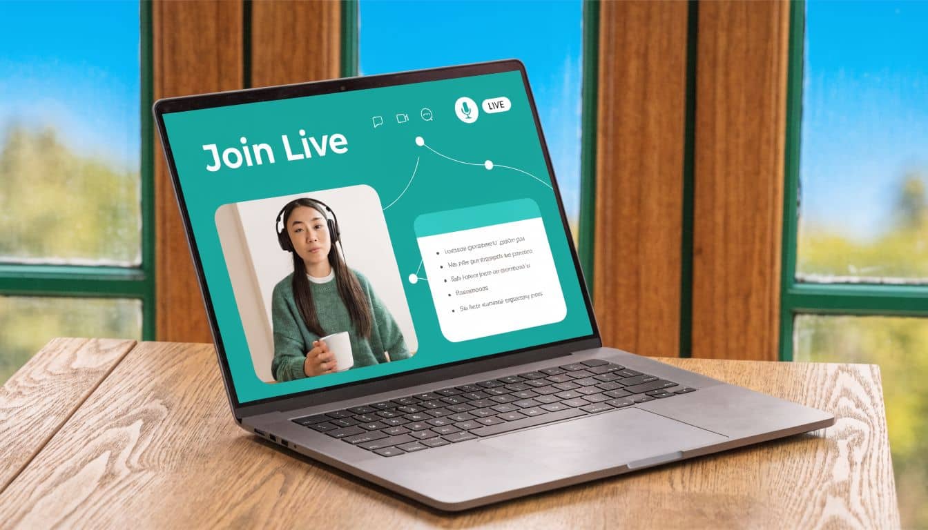 Laptop on a wooden table displaying a live video call interface for online fundraising events.
