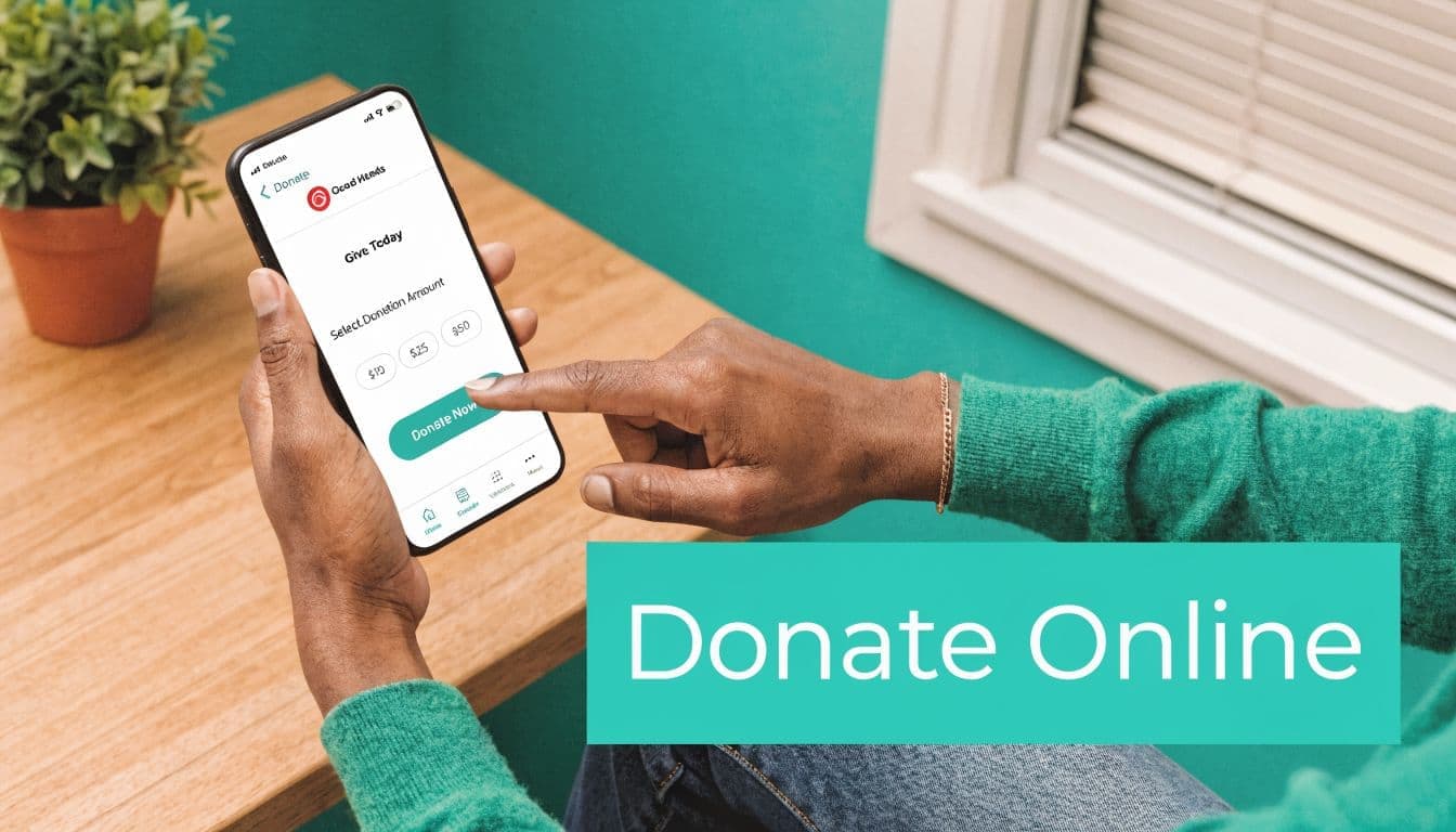 Person using a smartphone app to make a secure online donation to a charitable organization.