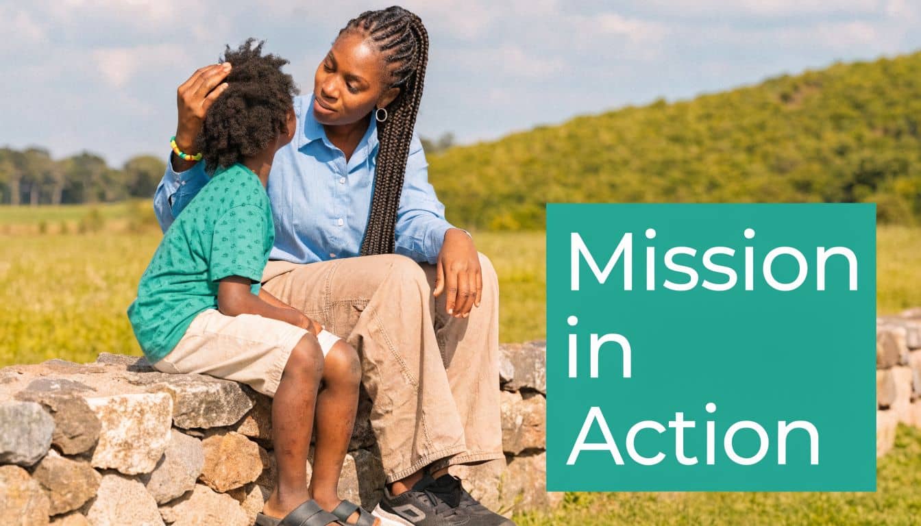 Woman affectionately stroking a young boy's hair while sitting together on a stone wall outdoors.