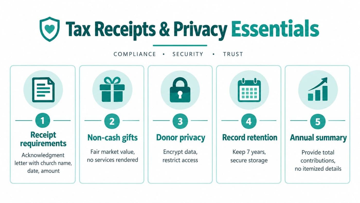 Infographic listing five tax receipt and privacy essentials for church gifts