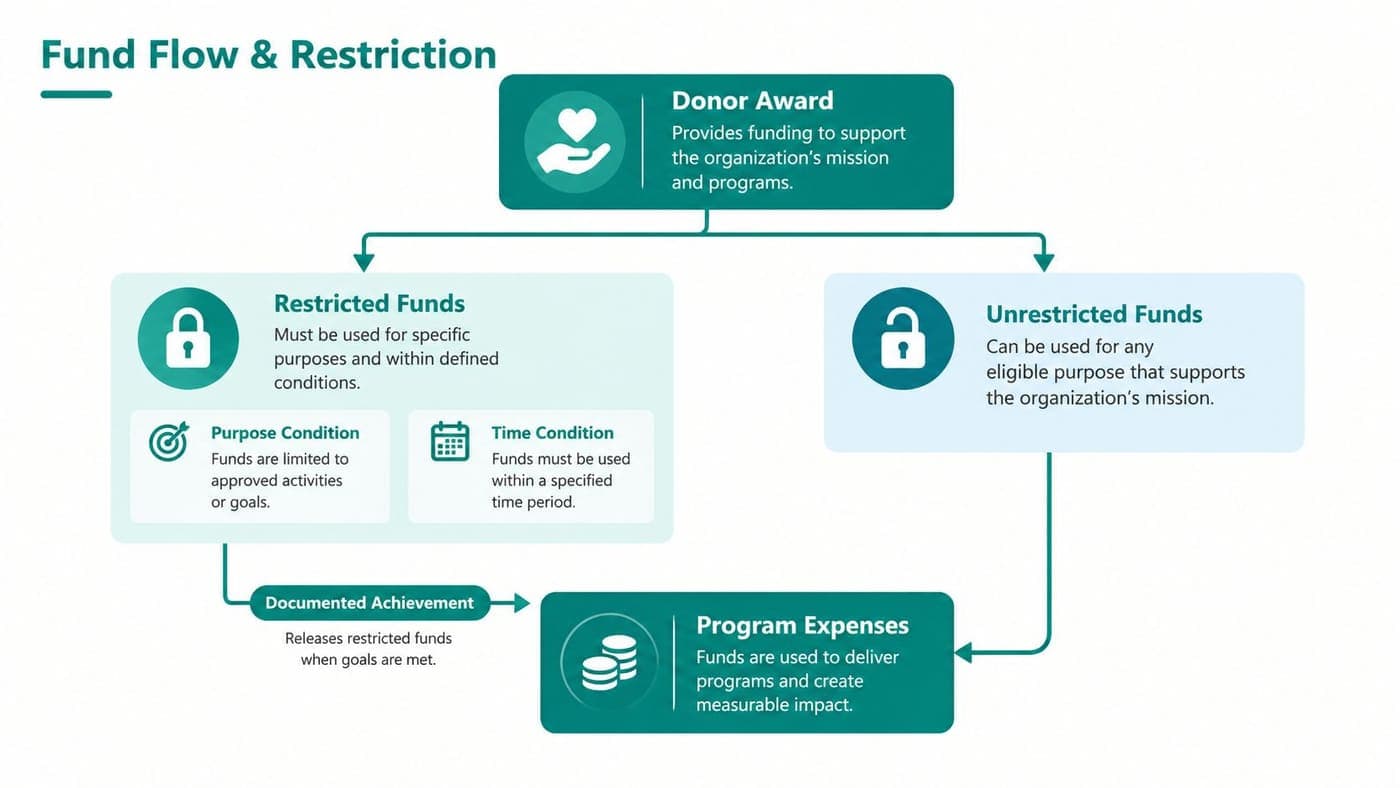 Donor funds flowing into restricted and unrestricted categories and program expenses