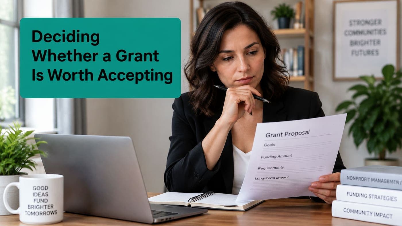 Woman reviewing a grant proposal while deciding whether the award is worth accepting