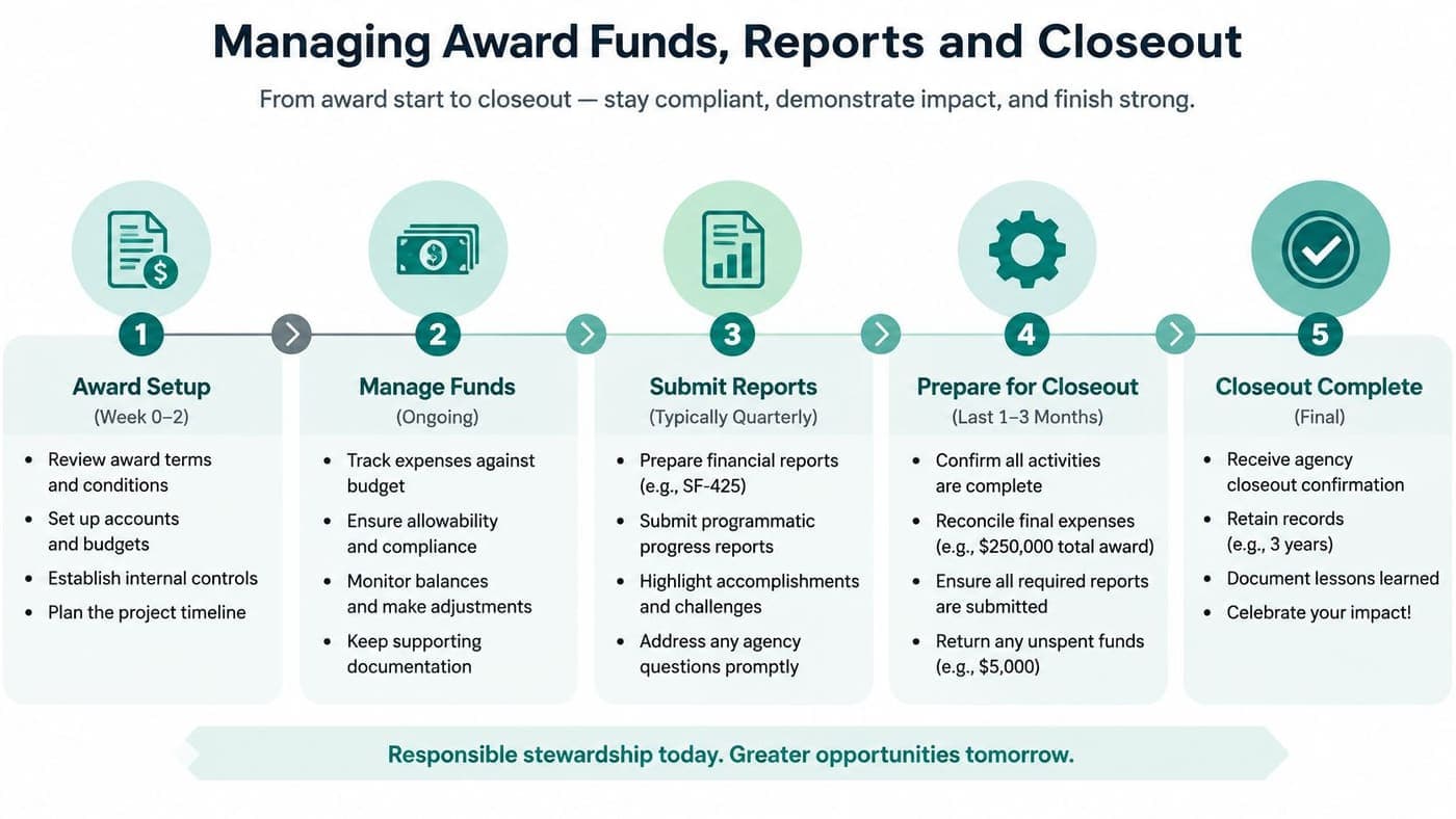 Five steps from grant award setup through fund management, reports, and closeout