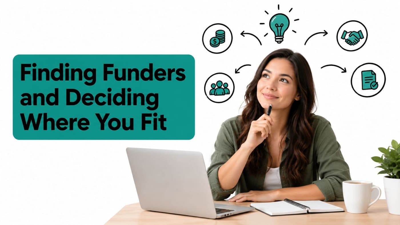 Woman at a laptop weighing funders, partnerships, people, and a proposal fit