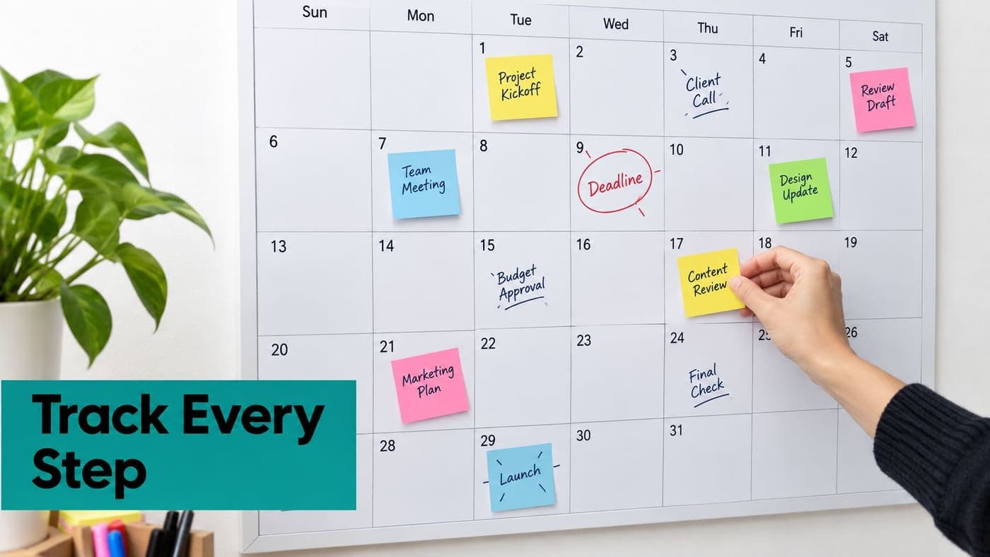 Hand placing a sticky note on a wall calendar of project tasks