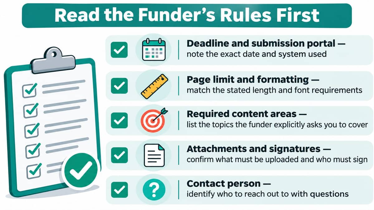 Checklist covering grant deadlines, formatting, content, and submission contacts