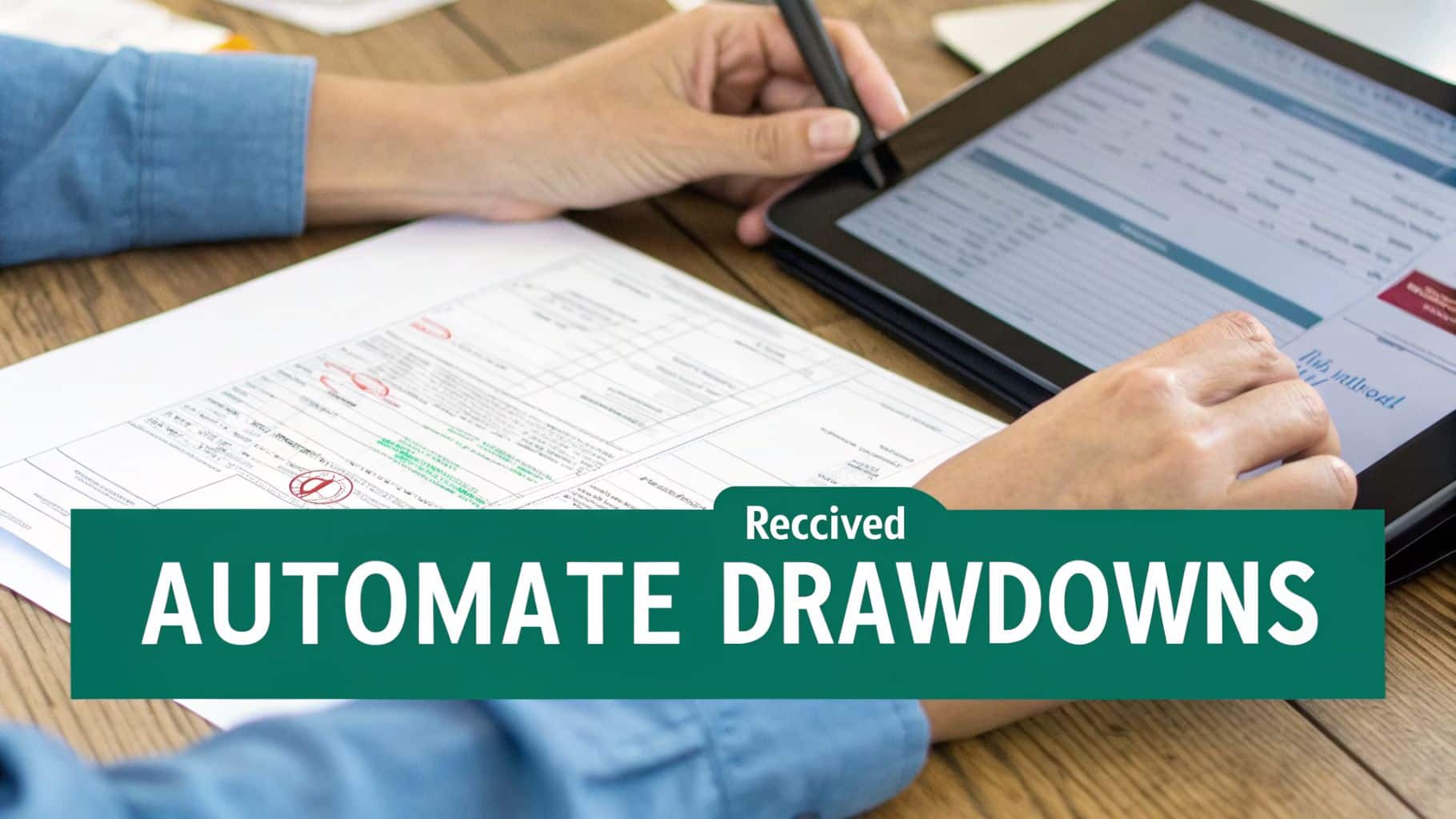 Hands using a stylus on a tablet and reviewing documents, with text 'AUTOMATE DRAWDOWNS'