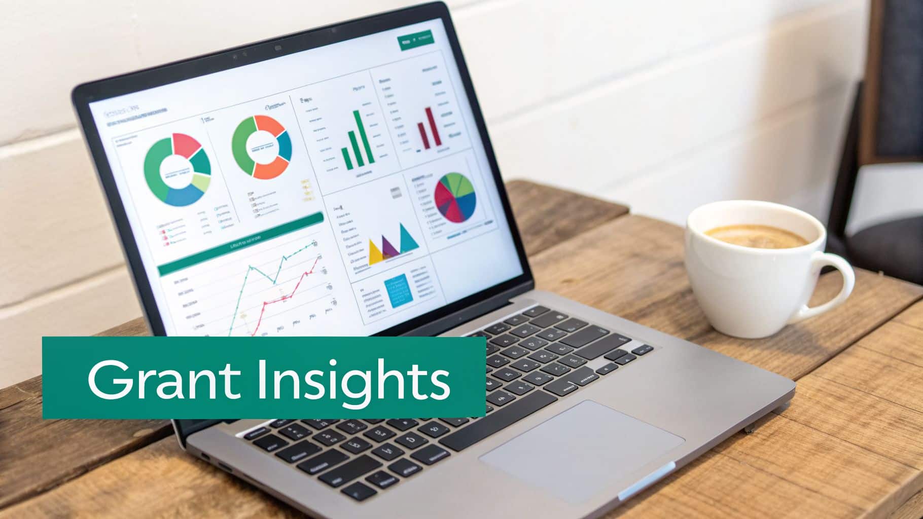 Laptop showing 'Grant Insights' data dashboards with charts and graphs