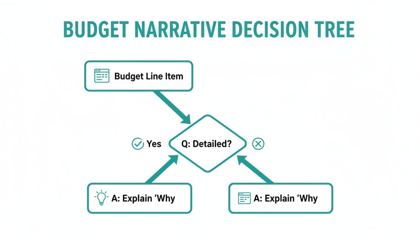 A budget narrative decision tree flowchart illustrating steps to explain budget line items
