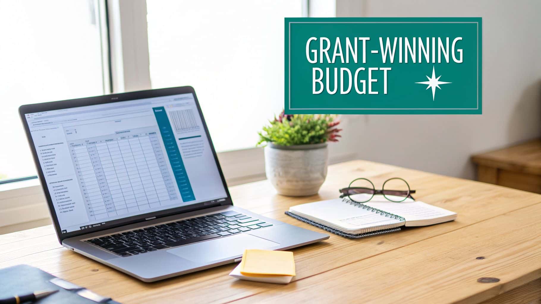 A laptop displays a budget spreadsheet with a grant-winning budget sign on a wooden desk