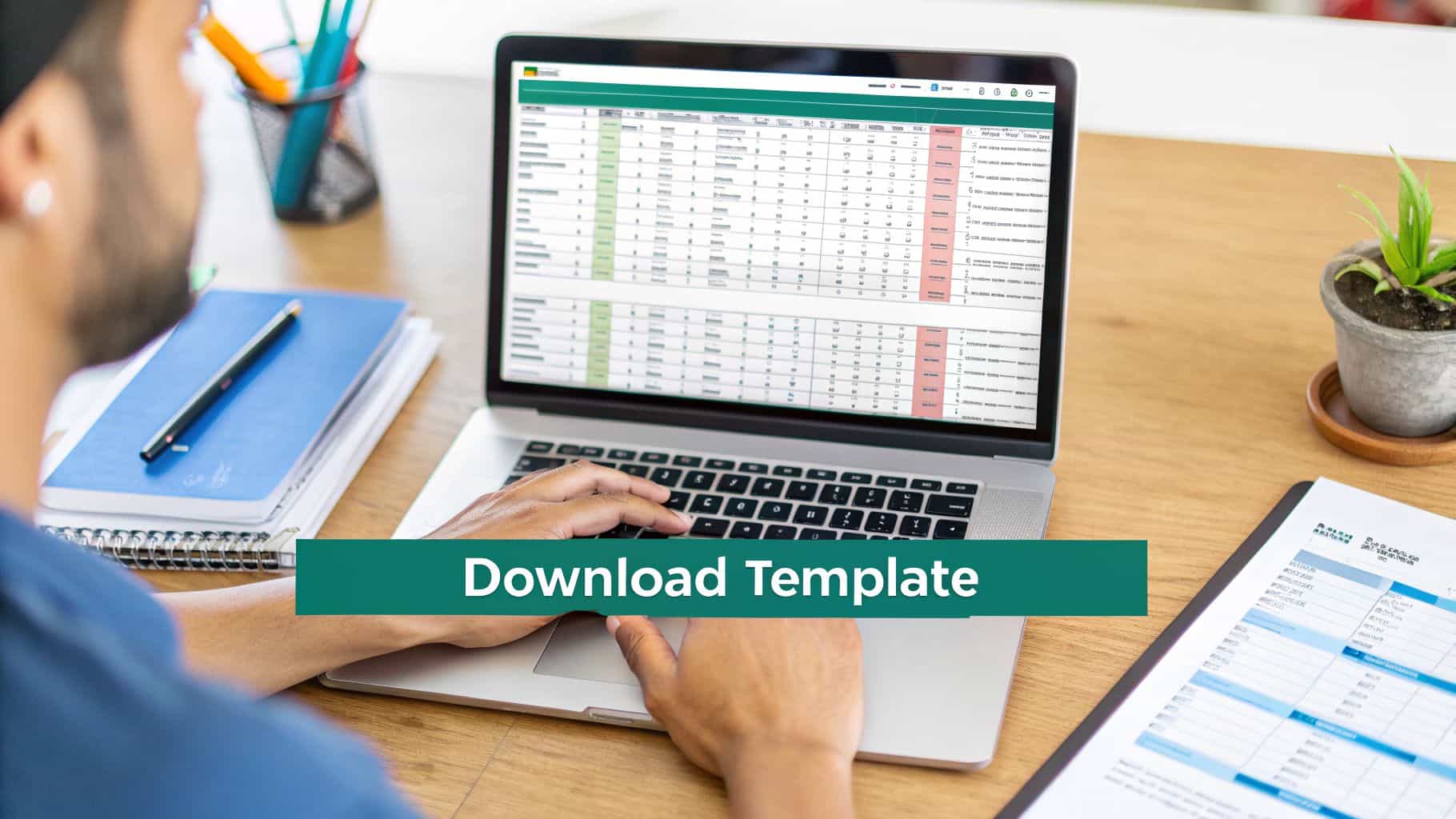 Person typing on a laptop showing a spreadsheet template with a download button