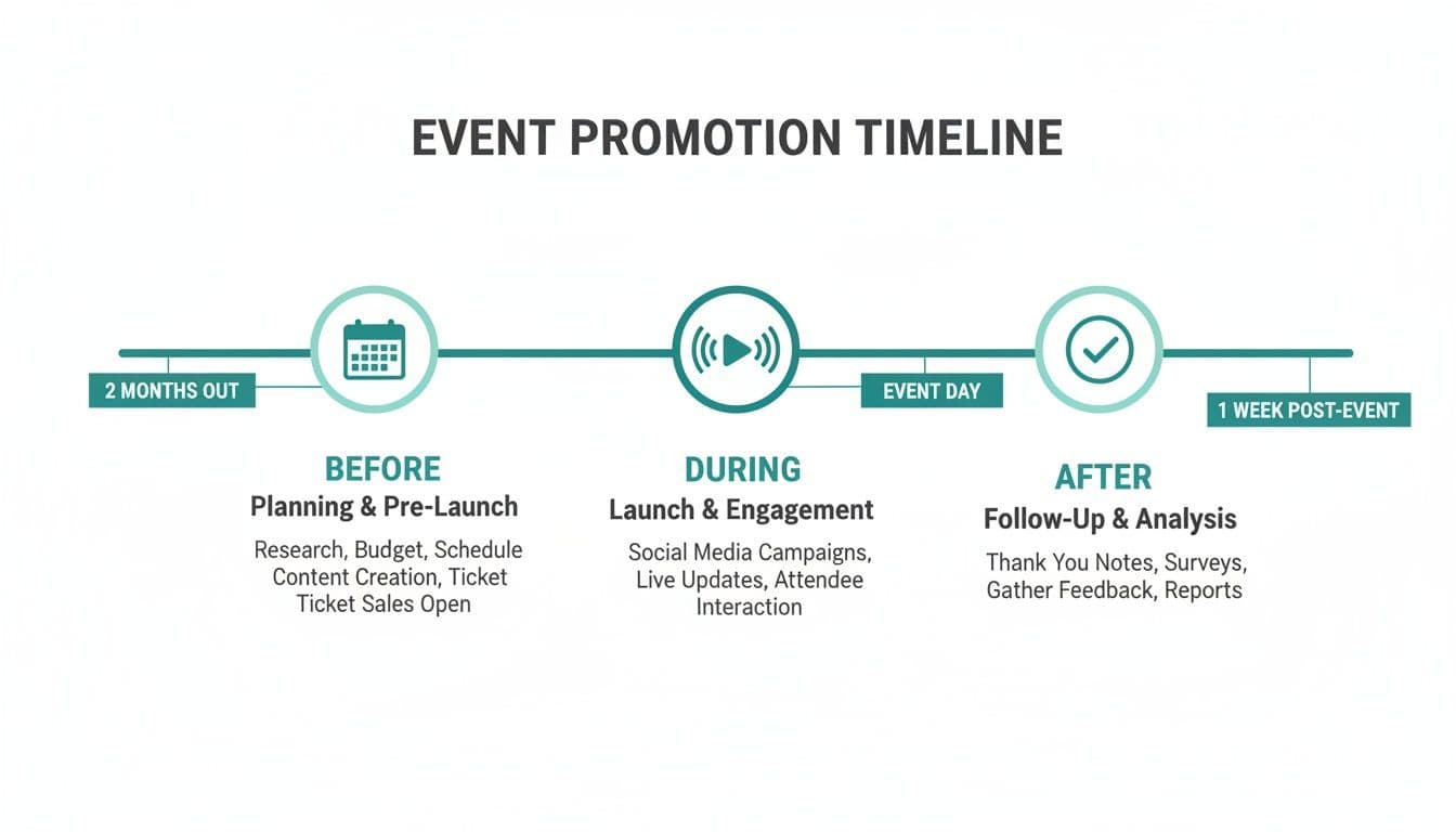 Event promotion timeline visually outlining before, during, and after phases with key tasks