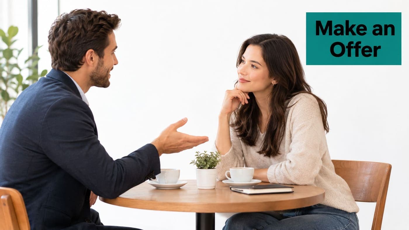 Two people at a cafe table discussing a donation offer