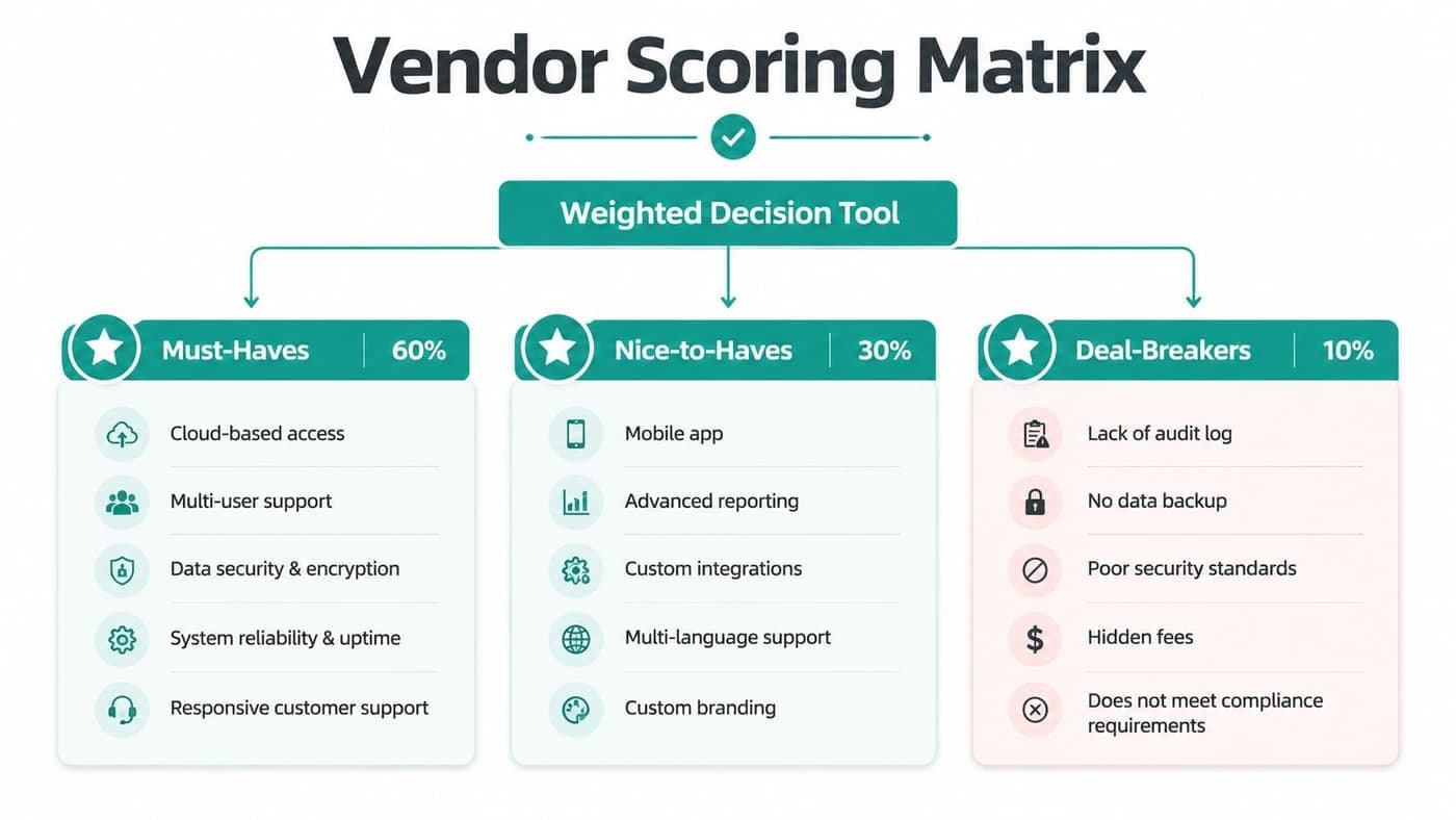 Accounting software vendor scoring matrix with evaluation criteria