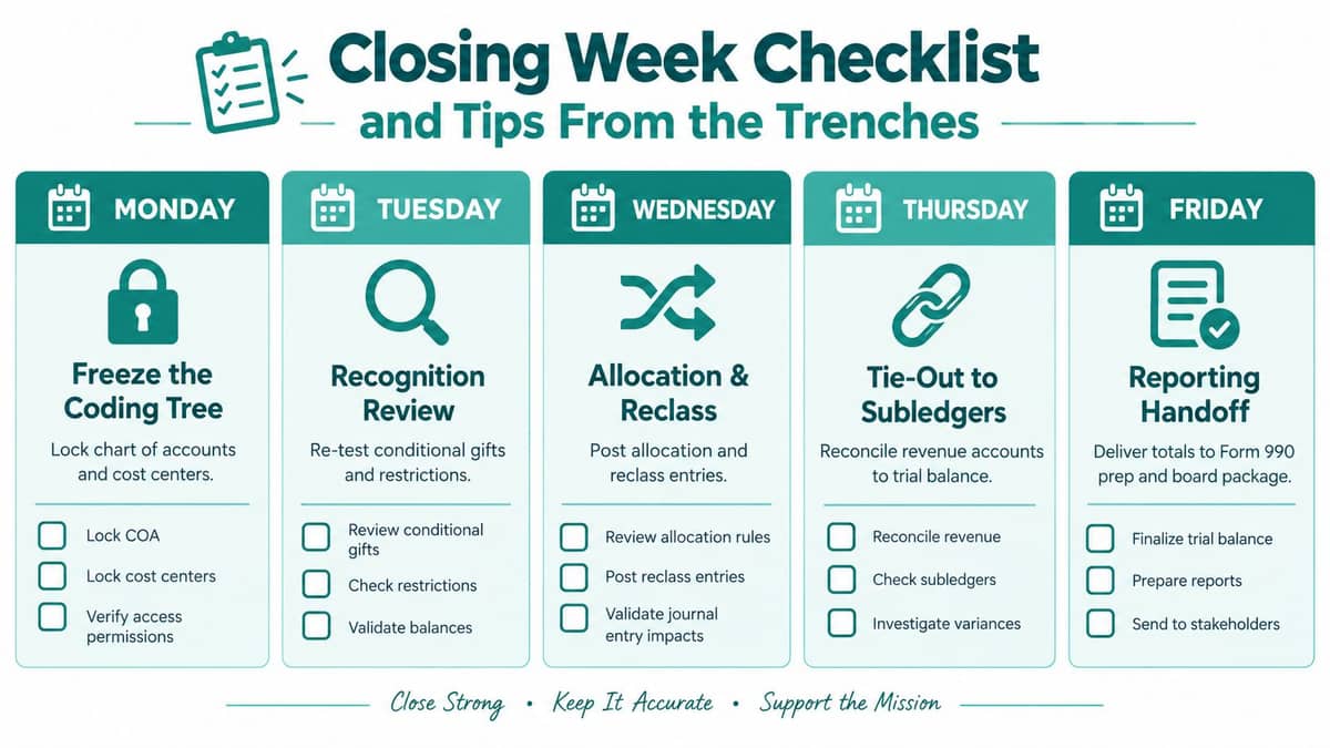 Monday through Friday checklist for closing nonprofit revenue accounts