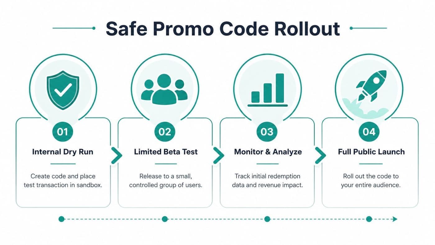 Four-step rollout plan for testing then publishing nonprofit event promo codes
