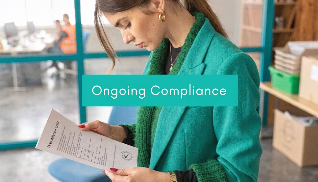 Nonprofit leader reviewing a formal compliance document in an office