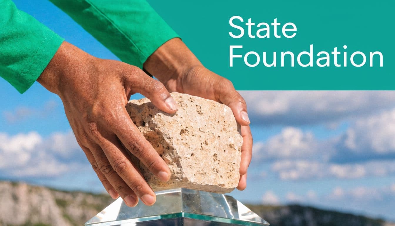 Person placing a stone block onto a clear pyramid foundation