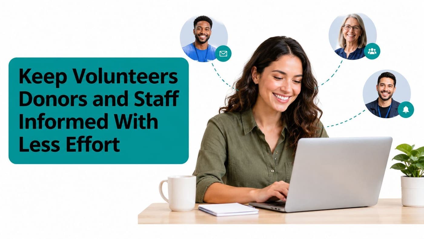 Staff member using a laptop to update volunteers, donors, and colleagues
