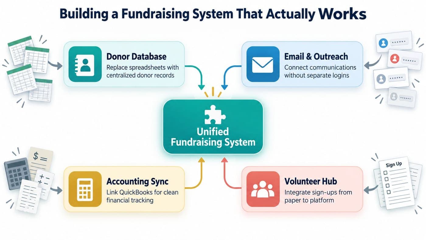 Unified fundraising system connecting donor records, email, accounting, and volunteers