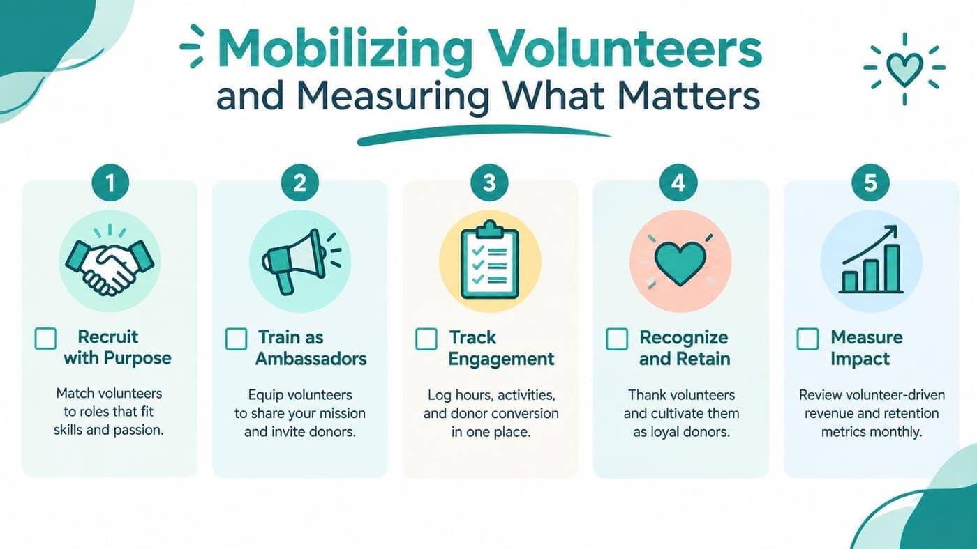Five-step volunteer recruitment, training, engagement, retention, and impact workflow