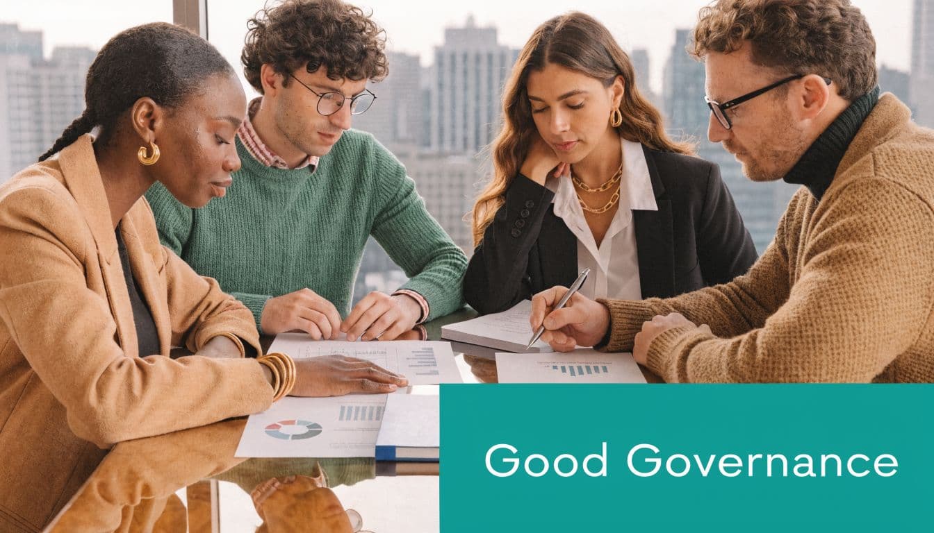 A diverse team of professionals collaboratively working together on financial reports at a modern office table.