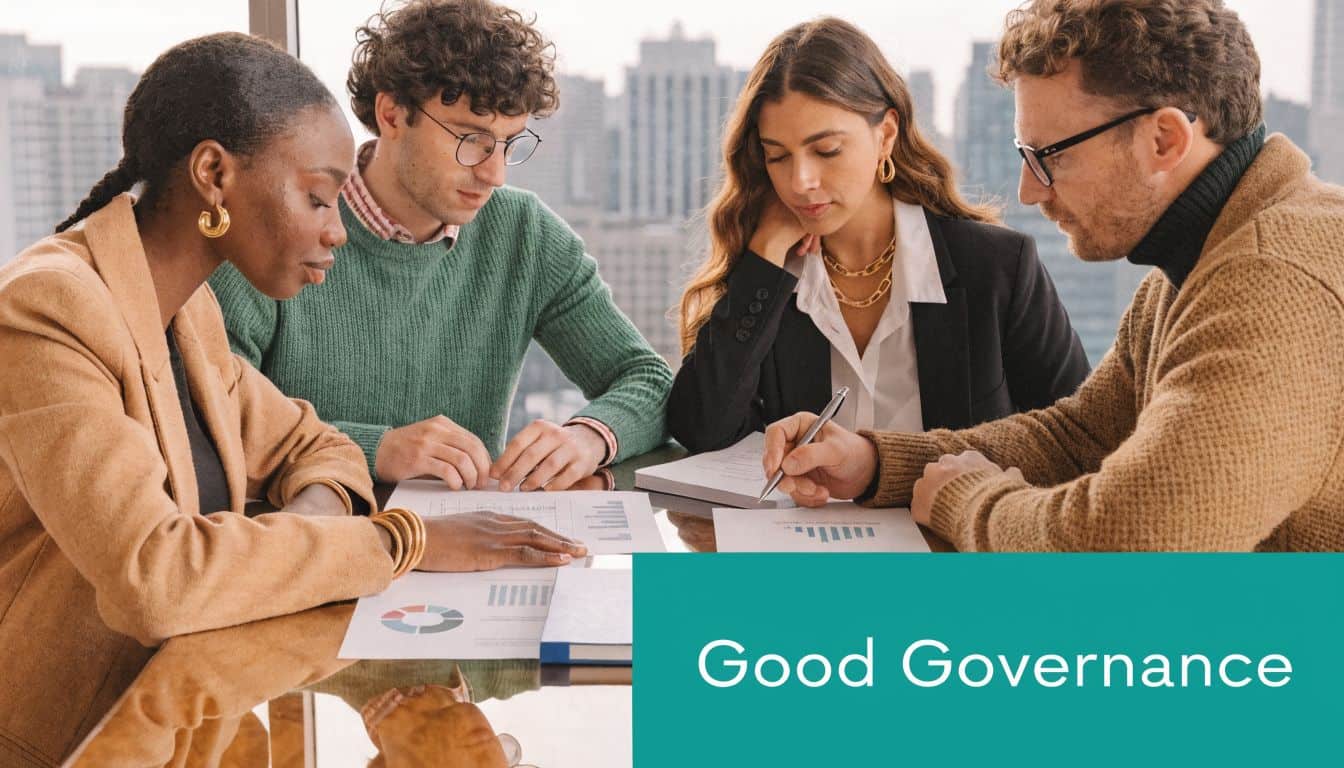 Diverse team of professionals collaboratively working together on financial reports at a modern office table.