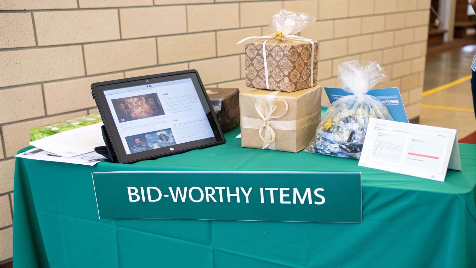 Silent auction display with wrapped gifts and bid-worthy items sign