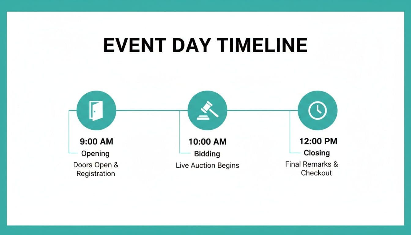 Silent auction event day timeline showing opening, bidding, and closing phases