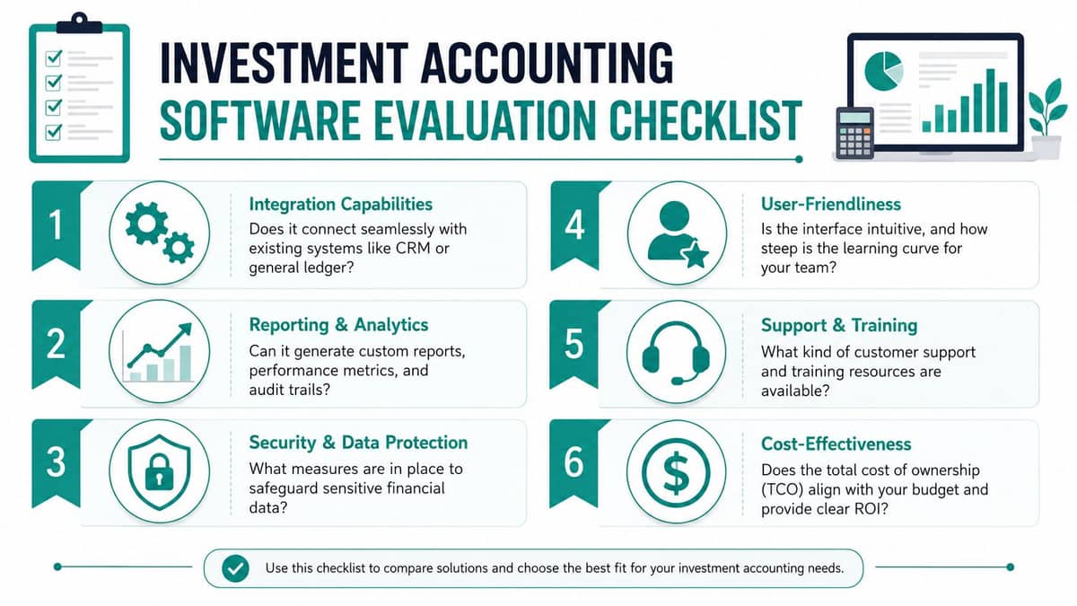 Investment accounting software evaluation checklist with six nonprofit selection criteria