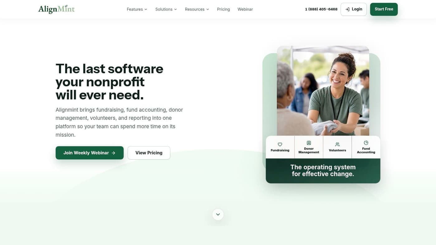 AlignMint nonprofit software homepage showing fundraising and donor management features