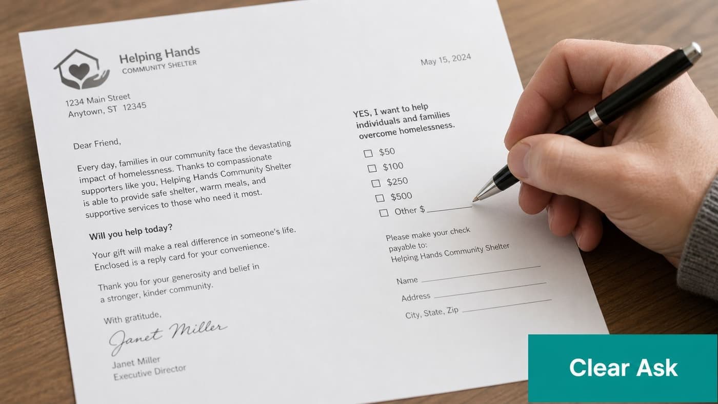 Hand writing a donation request letter for a community shelter