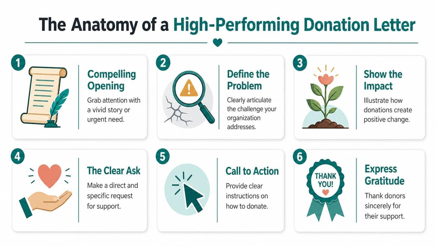 Donation request letter infographic showing six elements of an effective appeal