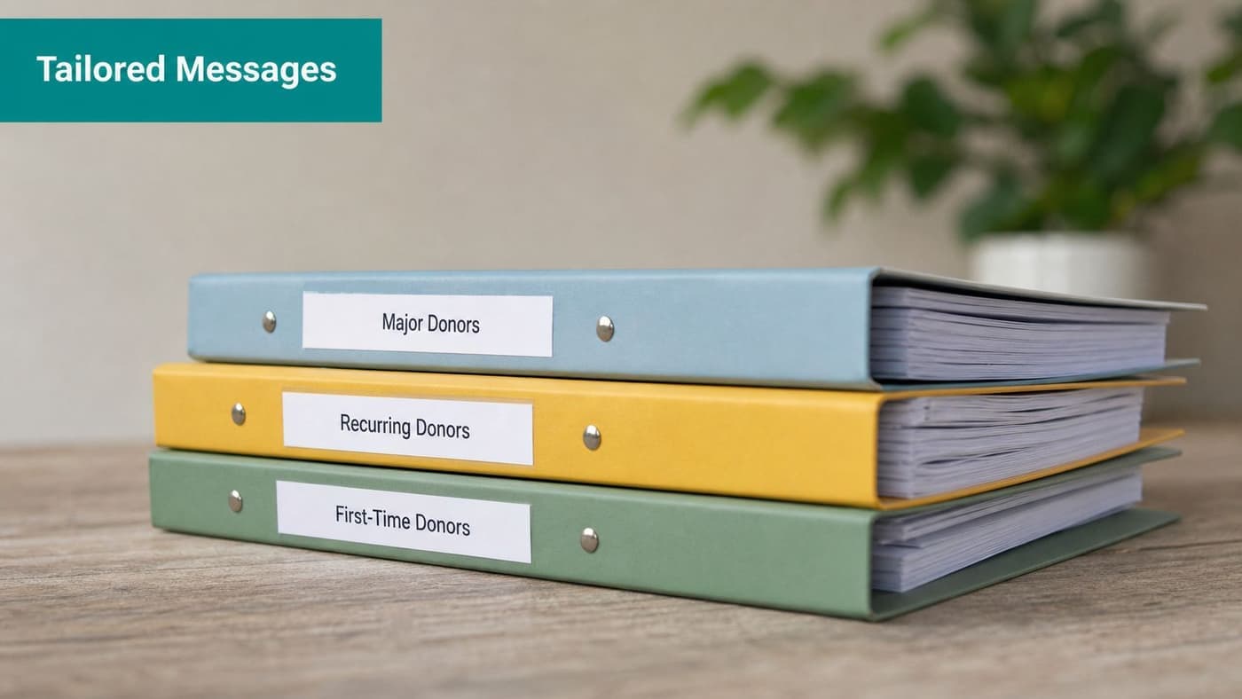 Donor binders organizing major, recurring, and first-time supporter segments