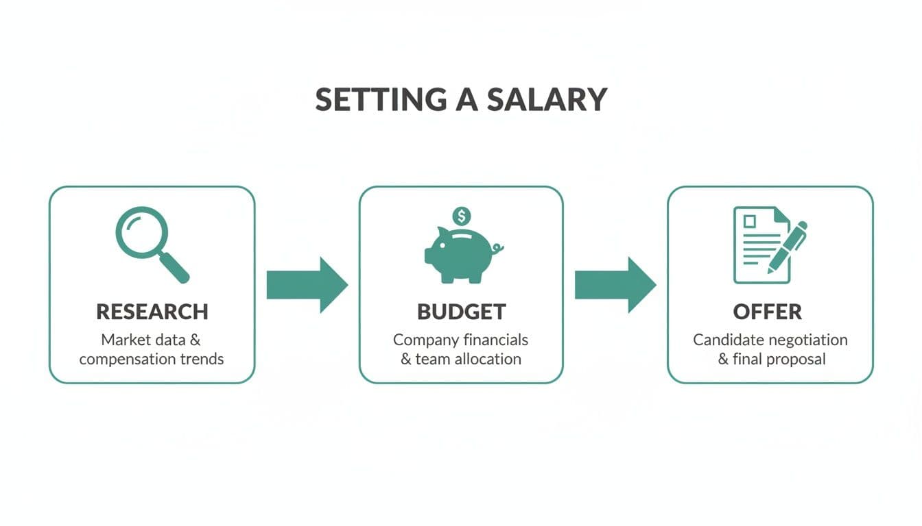 Flowchart illustrating the three steps for setting a salary: research, budget, and offer.